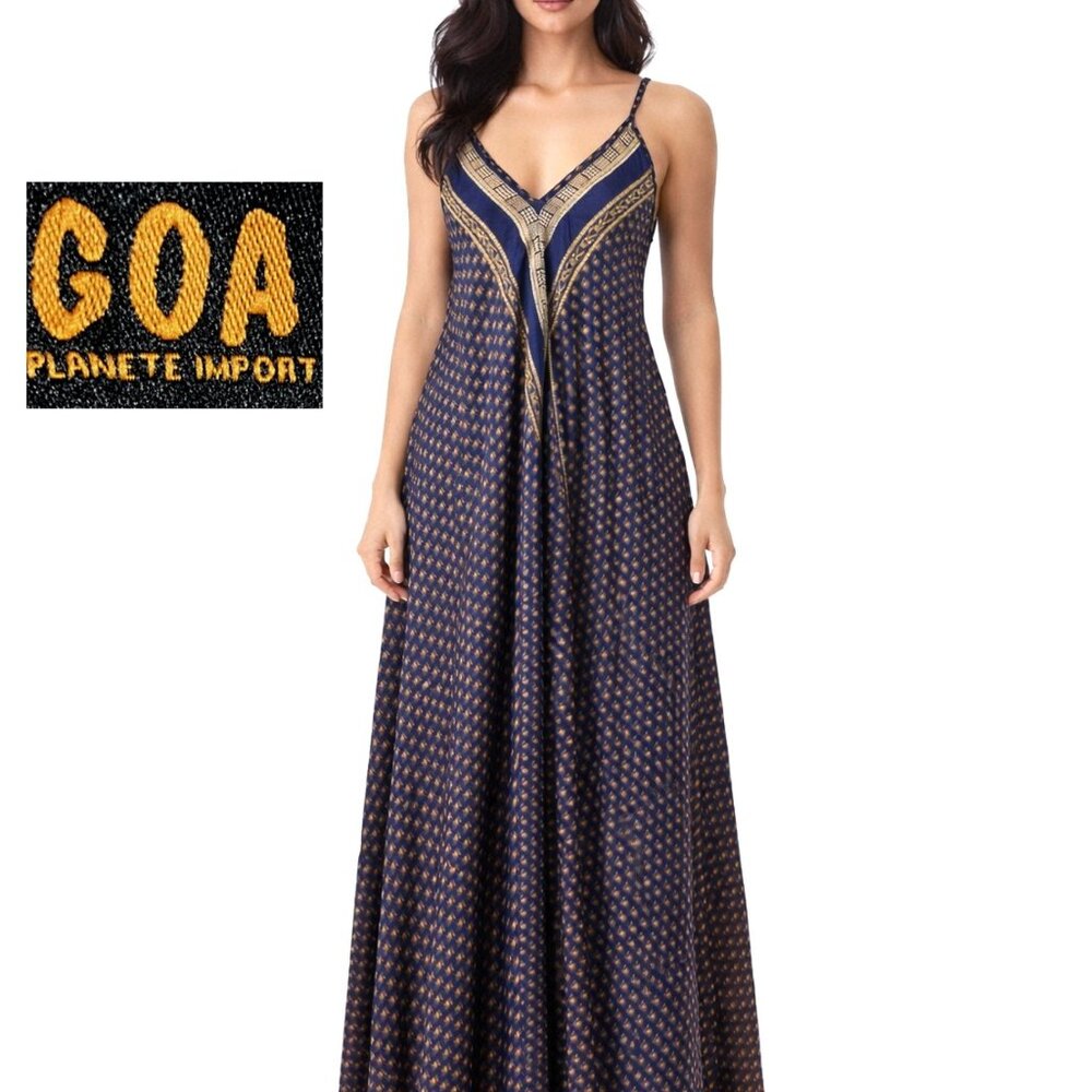 Goa Planete Navy & Gold Floral Silky Maxi Dress Boho Style One Size